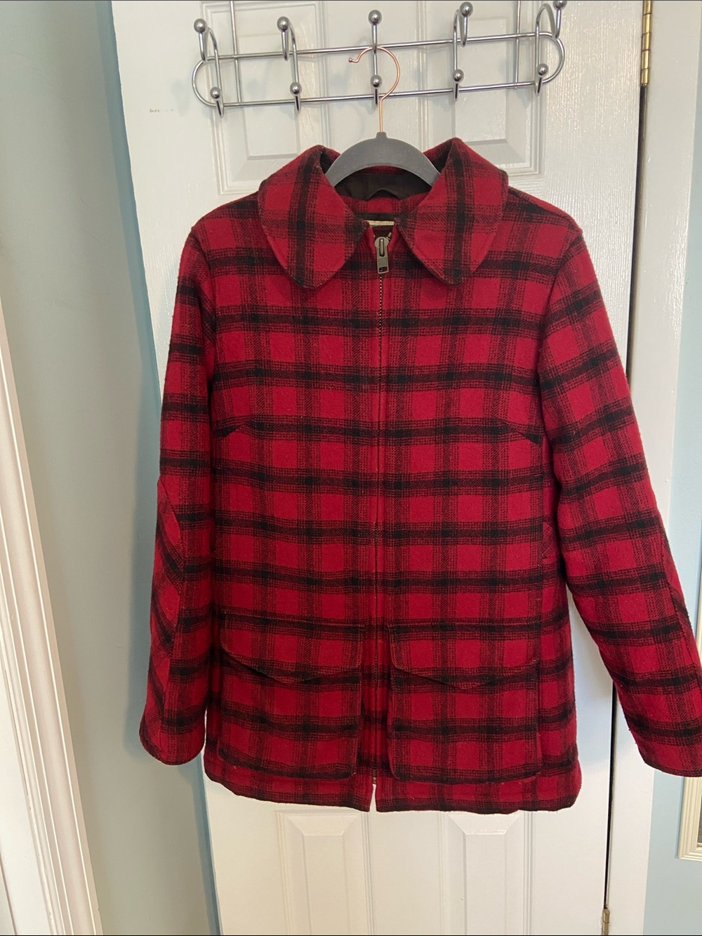 L.L. Bean Women’s Red and Black Plaid Pea Coat